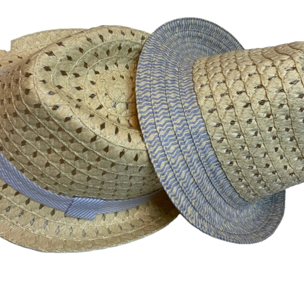 BOYS BLUE TAN RIBBON FEDORA WOVEN HAT